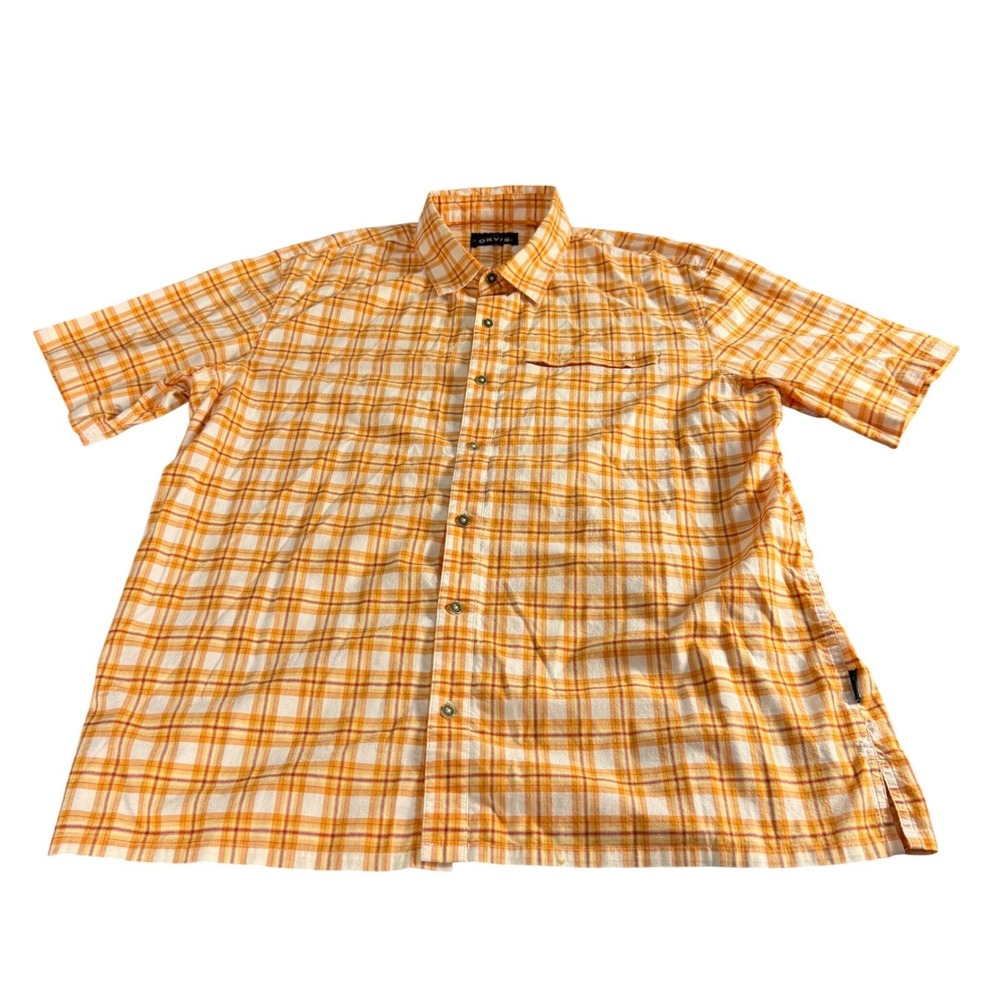 Orvis Mens XL Short Sleeve Plaid Button Down Shirt Orange Yellow Zip‎ Pocket